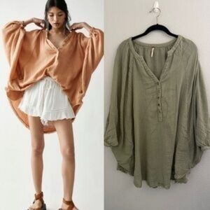 Free People Sage Green 100% Cotton Oversized Smock Poncho Style Top, M!